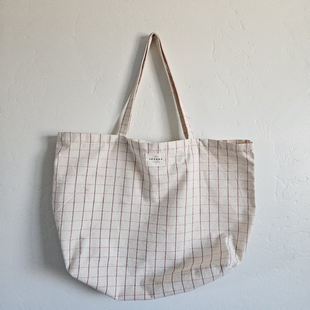Sezane Pink Plaid Gingham Tote Bag